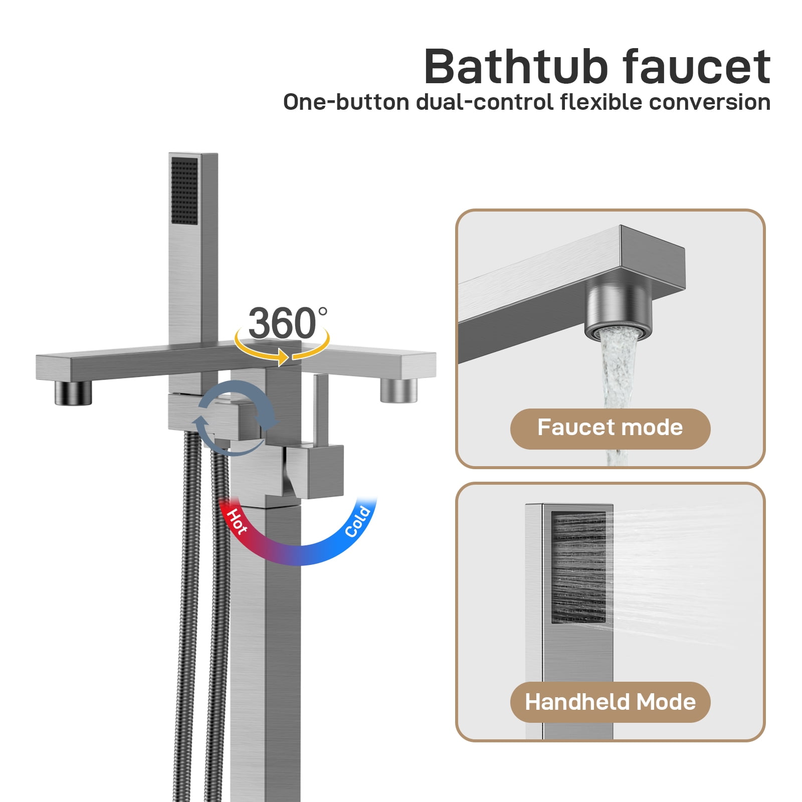 Brushed Nickel Freestanding Bathtub Faucet, Floor Mount Tub Filler,Standing Tub Faucet,Single Handle Brass Tap with Handheld Shower and Swivel Mixer Spout