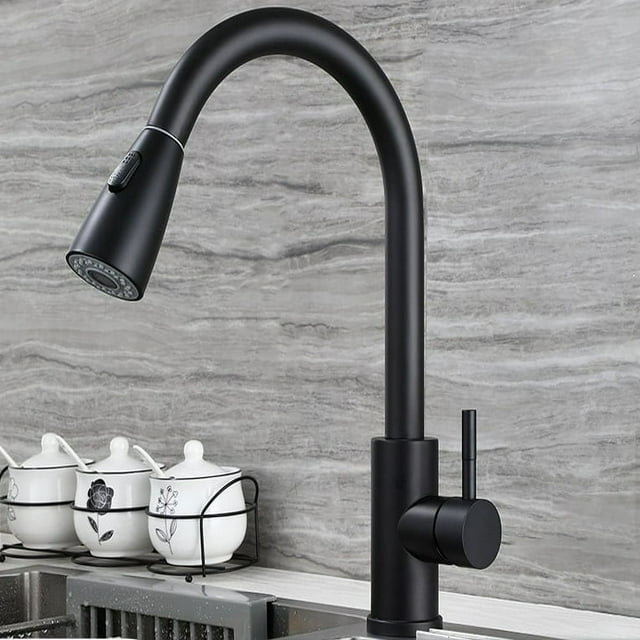 DEBGFS Robinet de Cuisine Robinet de Cuisine en Acier Inoxydable avec Pulvérisateur Rétractable Nickel Brossé Robinet d'Évier Poignée à Trou Unique Arroseur Rabattable Robinet 360° Durable en Acier Inoxydable Évier de Cuisine, Noir