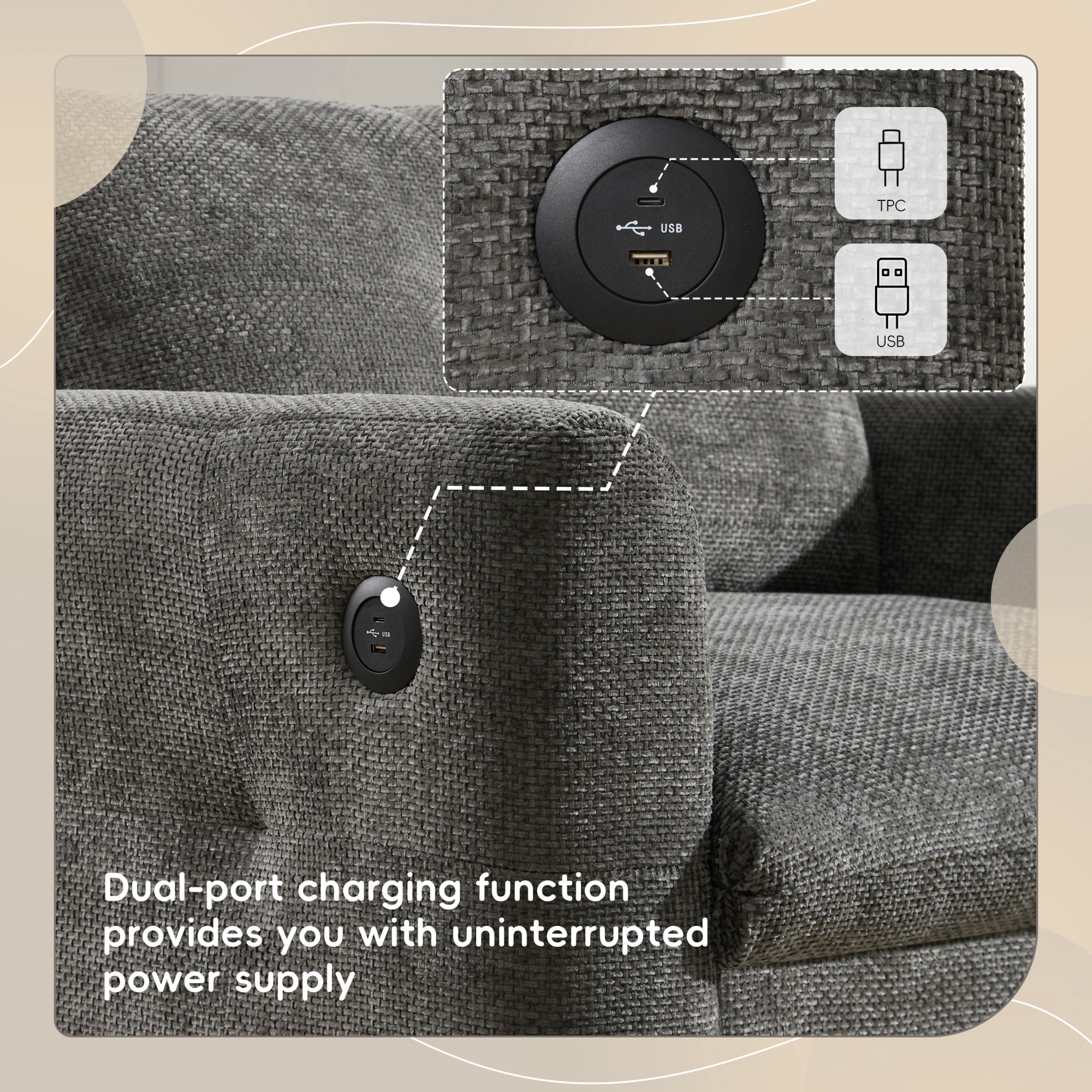 Oversized Single Sofa, Upholstered Accent Chair with Dual-port Charger, Modern Armchair with Wide Seat for Living Room & Apartment, Gray
