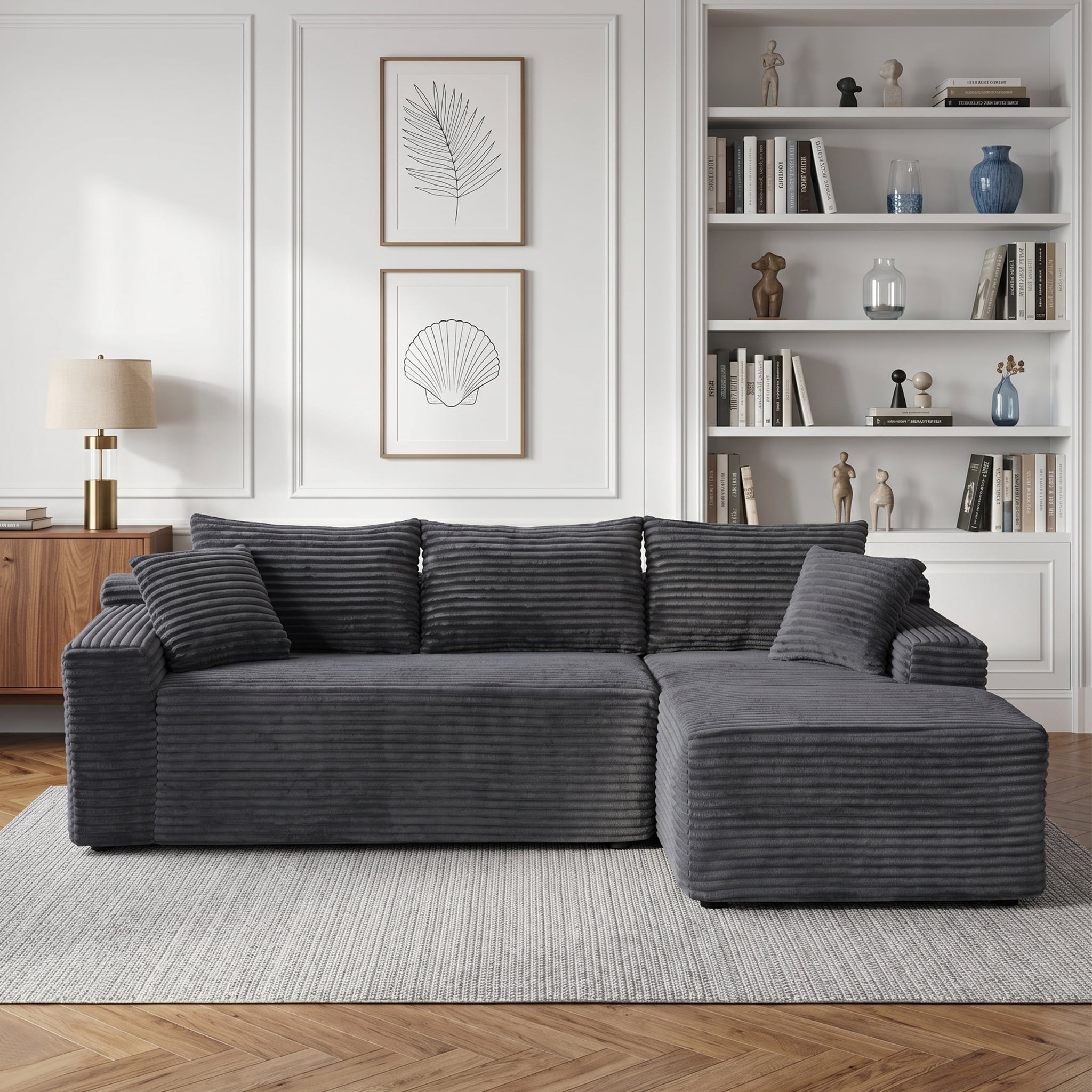 Xiweot 106" Modular Cloud Couch Sectional Sofa for Living Room, Modern Corduroy Boneless Couch with Side Pockets, Upholstered Deep Seat L Shape Sofas, No Assembly Required, Gray