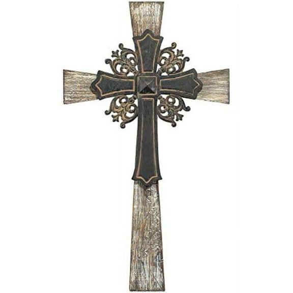 Wall Cross - Wood Textured Cross with Ornate Metal Cross