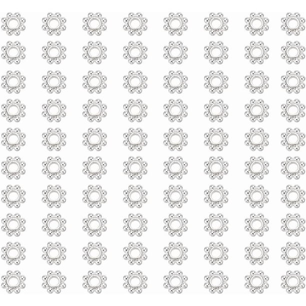 300 cuentas espaciadoras planas de flores de 6 x 2 mm, cuentas espaciadoras de metal plateadas, cuentas de aleación de margaritas, cuentas sueltas para hacer joyas.