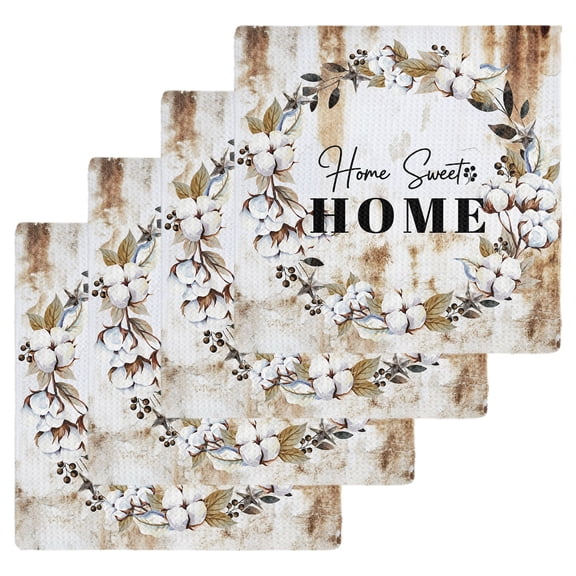 Home Sweet Kitchen Dish Towels for Drying Dishes Set of 4, Wreath Botanical Farmhouse Plants Gradient Brown Waffle Weave Microfiber Hand Tea Bathroom Towels Quick Dry & Absorbent Towel 12x12