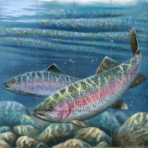 Tile Mural Bathroom Backsplash - Rainbow Trout-CF - by Cynthie Fisher