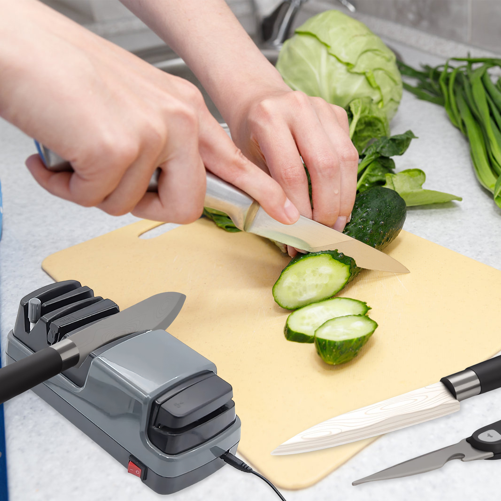 GIRACOA Electric Knife Sharpener with 1 Pair of Cut-Resistant Knit Gloves – Professional 3-Stage 100% Diamond Abrasive, Works for All Kitchen Knives