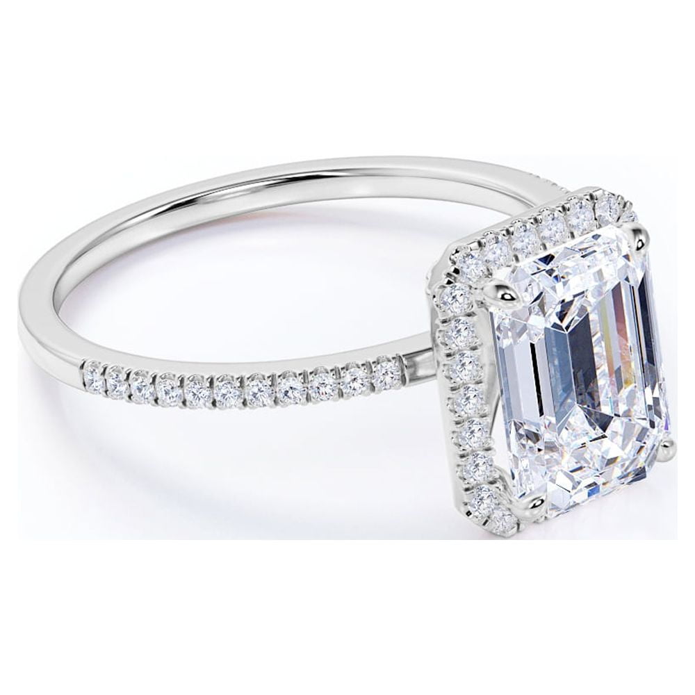 JeenMata 1.75 Carat Emerald Cut Moissanite Engagement Ring - Bridal Set - Halo Ring - Cluster Ring - 18k White Gold Over Silver