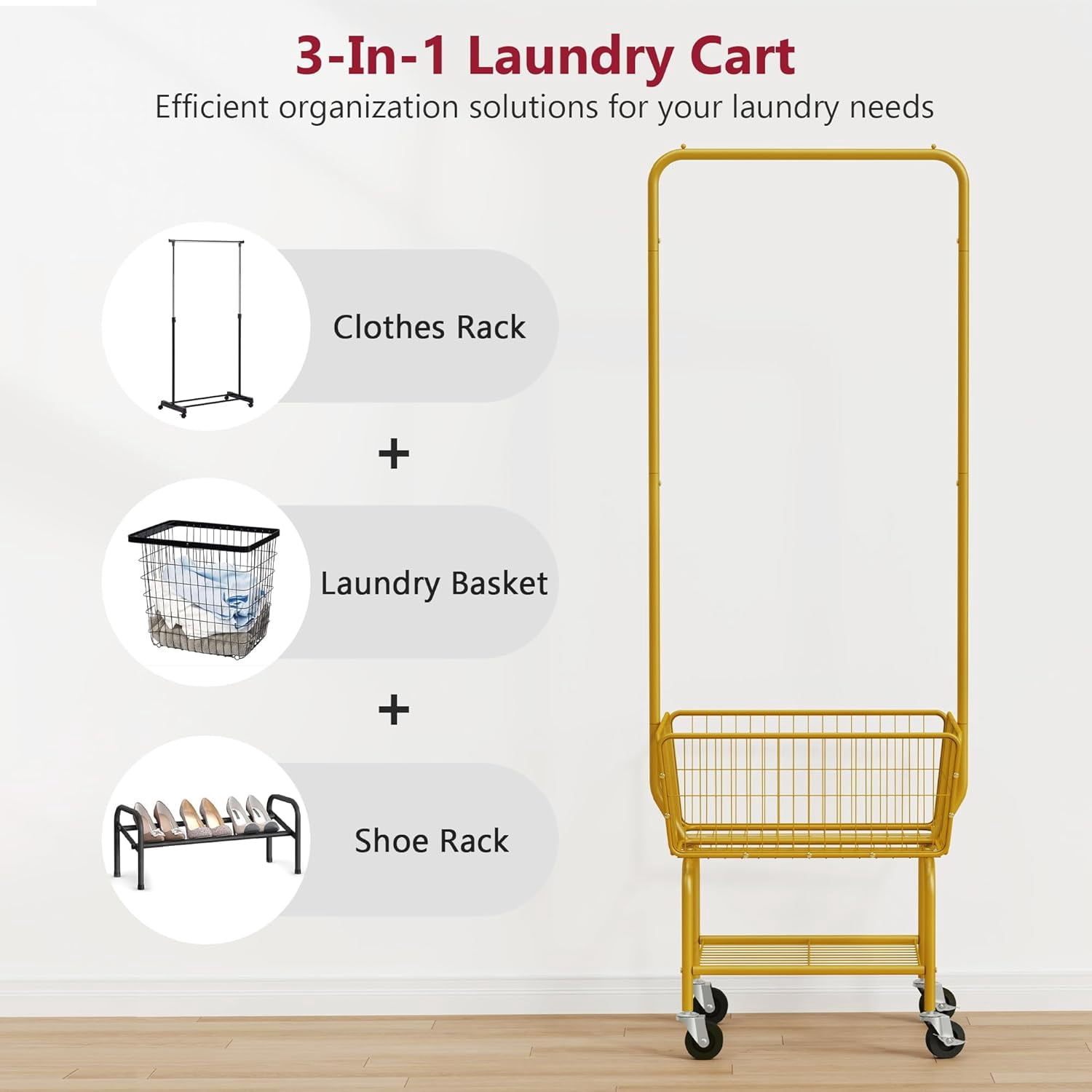 Laundry Cart with Wheels, Metal Rolling Laundry Hamper with Hanging Rack, Storage Basket and Shelf, Gold