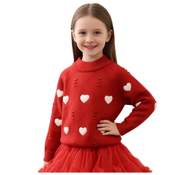 Fesfesfes Girls Knitted Sweater Long Sleeve Round Neck Pullover Top Casual Warm Soft Comfortable Yarn Clothing for Kids Toddler Baby 1- 8 Years Old Cute Lovely Outfit(Red,2-3 Years)