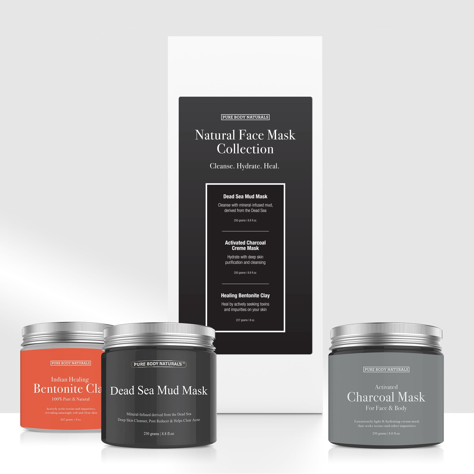 Face Mask Gift Set - includes Natural Mud Mask, Clay Mask and Charcoal Face Mask - by Pure Body Naturals (3 Jars, 8.8 oz. Each)