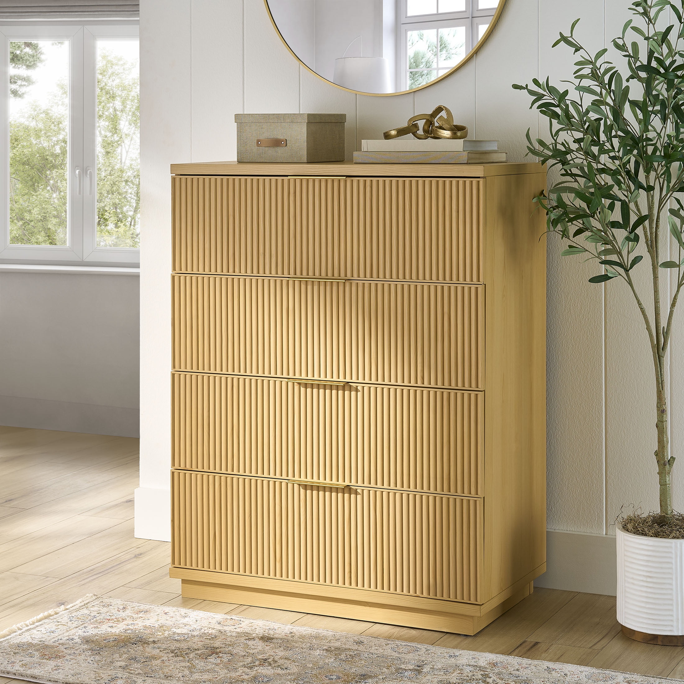 Better Homes & Gardens Lillian 4 Drawer Dresser and 2 Nightstands Bedroom Set, Natural Pine