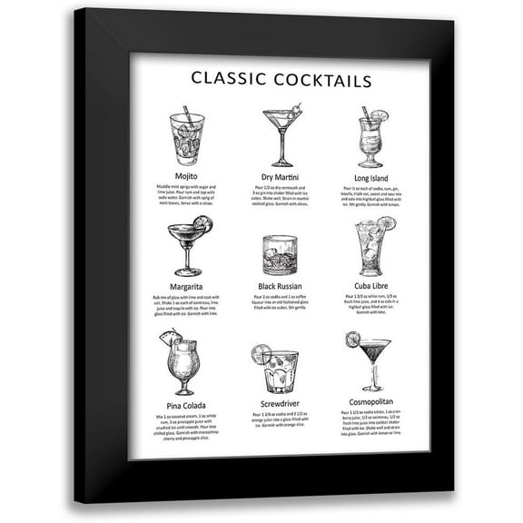Lettered And Lined 12x14 Black Modern Framed Museum Art Print Titled - Classic Cocktails