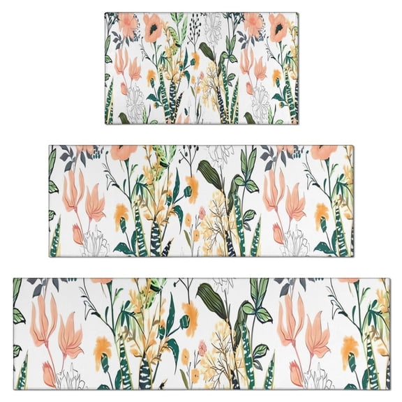 Pioneer Flower Floral Print Pattern Kitchen Rugs Sets Of 3,Kitchen Runner Rugs Non Skid Washable,Decorative Kitchen Floor Mats for Kitchen,Sink,Laundry,17"x30" 17"x47" 17"x59"