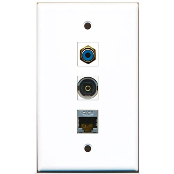 RiteAV - 1 Port RCA Blue and 1 Port Shielded Cat6 Ethernet and 1 Port Toslink Wall Plate