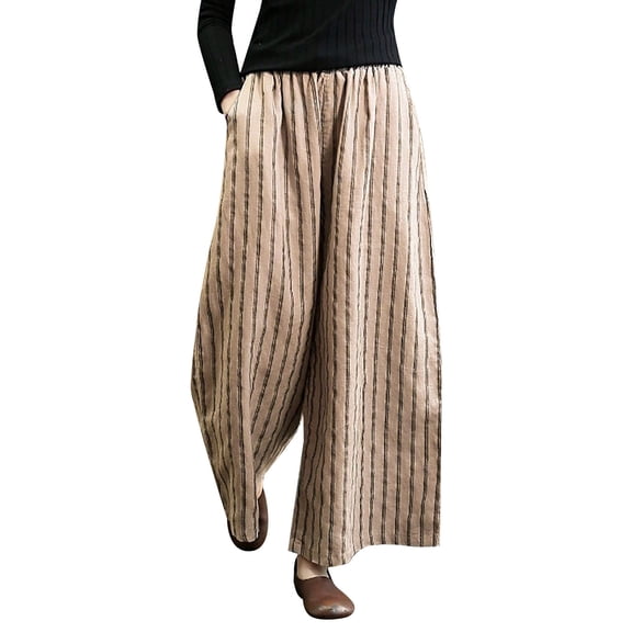 YOTMKGDO Slacks for Women Casual Stripe Print Elastic Waist Pocket Loose Wide Leg Pants Trousers Women's Pants Khaki L
