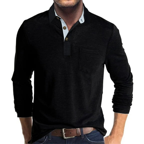 GA WEIHUA Long Sleeve Polo Shirts for Men Classic Button Down Shirt Casual Solid Color Cotton Tees Stylish Golf Tops(Black,L)