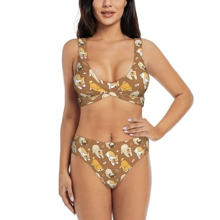 Zeuib Cartoon Bulldog High Waisted Tummy Control Bikini Set - Knot Front Push Up Top & Cheeky Thong Bottom  Two-Piece Swimsuit for Women-X-Large
