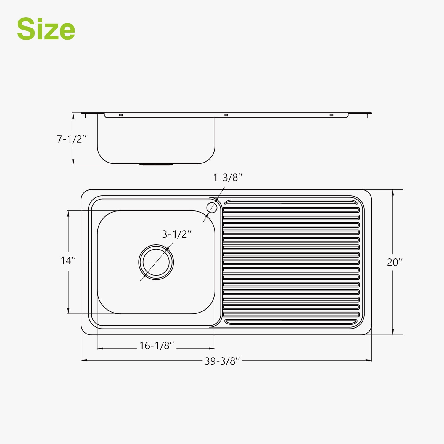 Naiture Drop-In Kitchen Sink, Rectangular Single Bowl Top Mount Sink, 21-Gauge 304 Stainless Steel, 39-3/8" X 20" with Right Drainboard and Single Faucet Hole