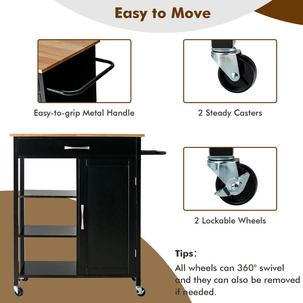 Finihen Rolling Cart, Kitchen Island Cart, Mobile Kitchen Island Cart with Rubber Wood Top, for Kitchen, Dining Room, Black Finihen Rolling Cart, Kitchen Island Cart, Mobile Kitchen Island Cart with Rubber Wood Top, for Kitchen, Dining Room, Black