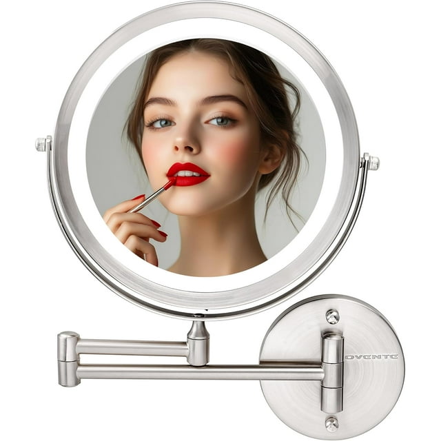Ovente MFW85BR 8.5 inch Battery Operated LED Lighted Wallmount Vanity Makeup Mirror, 1x/10x Magnification, Nickel Brushed