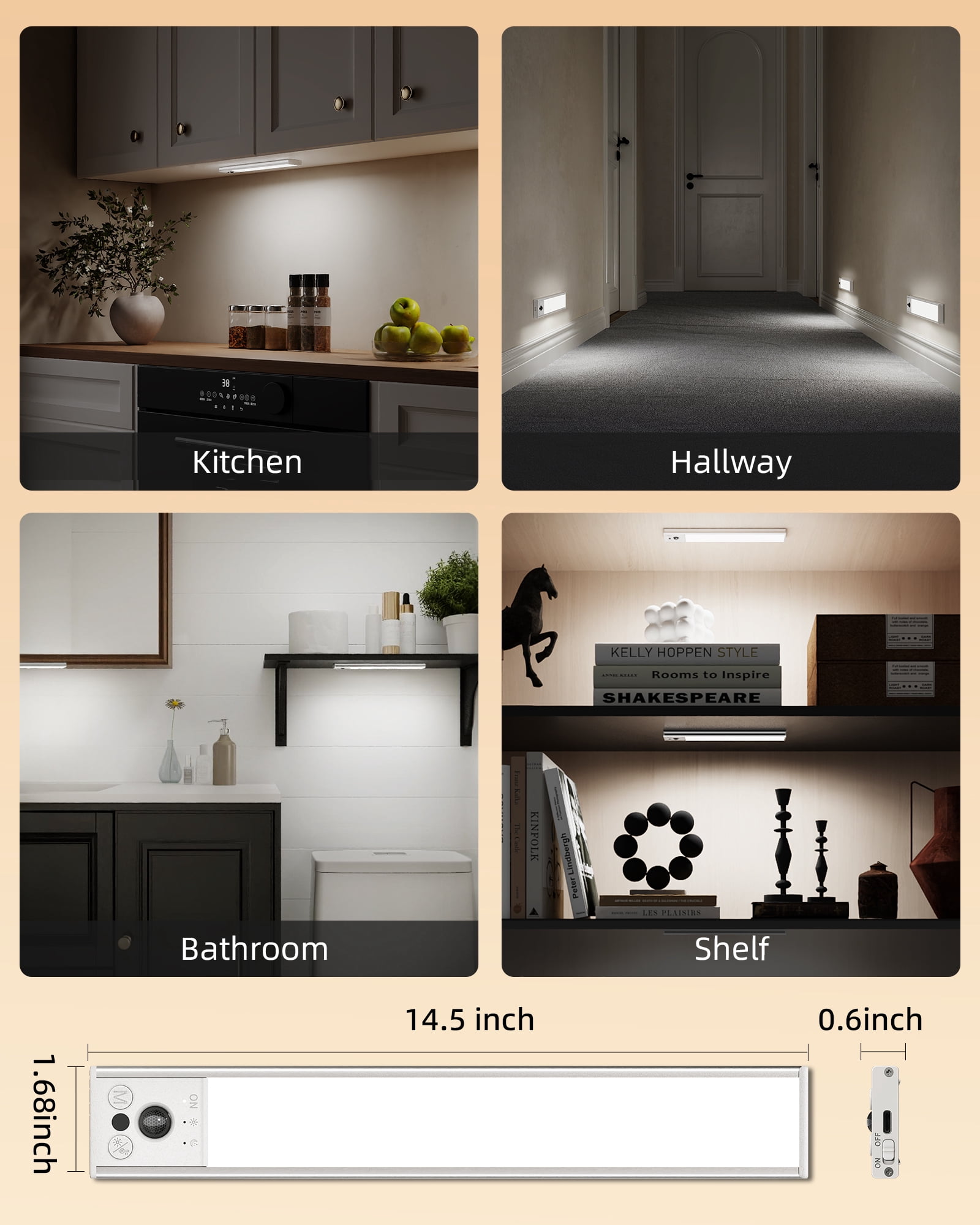 EZVALO Under Cabinet Lighting, LED Motion Sensor Closet Lights Indoor, 4000mAh, Dimmable Rechargeable Magnetic Stick On Lights, Under Counter Lights for Kitchen, Pantry, Stairs - 2 Pack