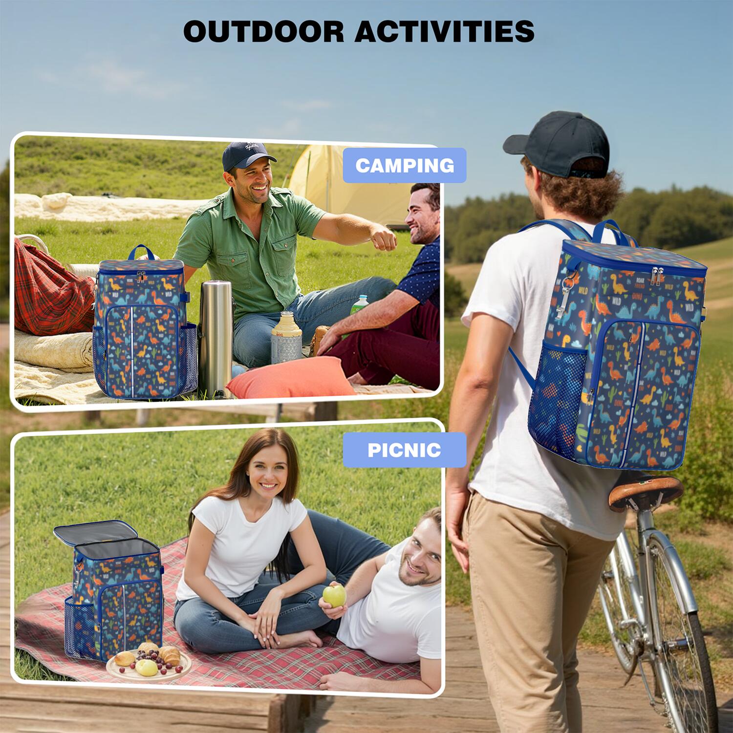 Travel Cooler Bag - Blue Dinosaurs with Clouds and Text Camping Beer Cooler Backpack with Bottle Opener- Waterproof Insulated Picnic Backpacks - Cooler Bag for Beach