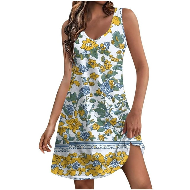 Staron Robes pour Femmes Sans Manches Boho Amples à Col en V Cache-Maillots Décontractés de Printemps Fluides Camisole Robe à Imprimé Floral avec Poches TTG