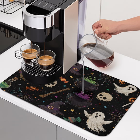 Halloween Dish Drying Mats for Kitchen Counter, Witch Hat Ghost Broom Skull Candy Star Black Absorbent Coffee Bar Mat with Non-slip Rubber Backed Quick Drying Dish Rack Pad 16"x18"