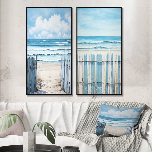 Designart "Coastal Simplicity Beach Fence II" Coastal Beach Framed Wall Art Set Of 2 - Turquoise Beach Framed Canvas Set For Living Room Decor