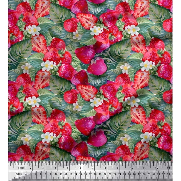 Soimoi Cotton Duck Fabric Leaves,Floral & Strawberry Fruits Printed Craft Fabric by The Yard 42 Inch Wide