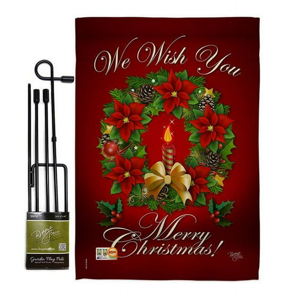 Breeze Decor BD-XM-GS-114003-IP-BO-D-US15-BD 13 x 18.5 in. We Wish You Winter Christmas Impressions Decorative Vertical Double Sided Garden Flag Set with Banner Pole