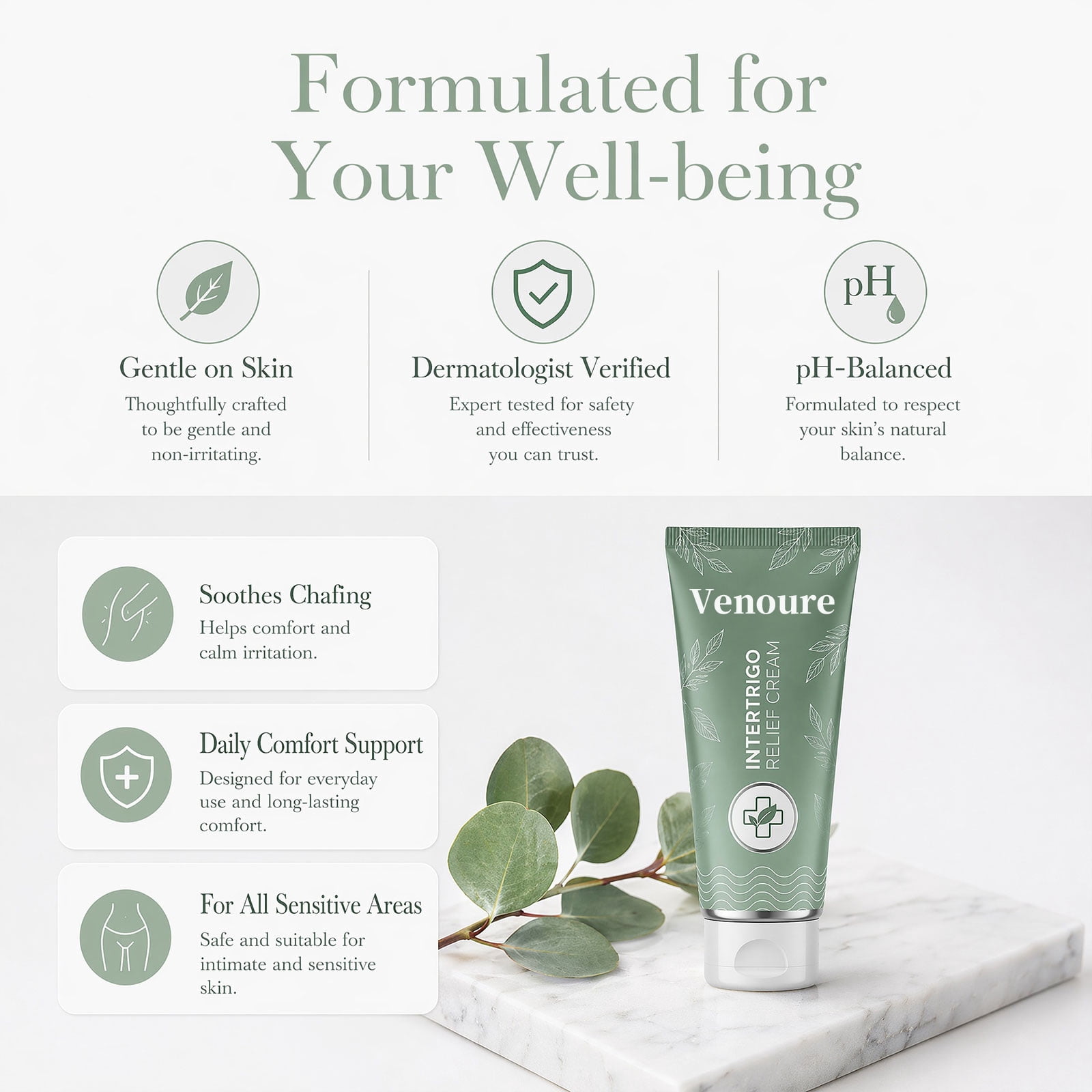 Venoure Intertrigo Cream, Skin Fold Care Cream for Moisture & Friction Protection, Fast Drying Non Greasy Formula for Inner Thighs, Underarms & Body Folds (1PC)