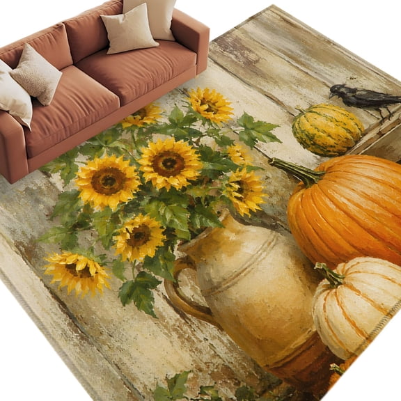 Thanksgiving Area Rug 5x7 Washable Rug Non Slip Farmhouse Pumpkin Sunflowers Maple Bird Large Area Rug Soft Stainresistant Indoor Floor Carpet for Living Room Bedroom Home Office Dining Room Nursery