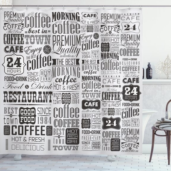 Ambesonne Vintage Shower Curtain, Retro Coffee Texts, 69"Wx75"L, Charcoal Grey Pale Grey