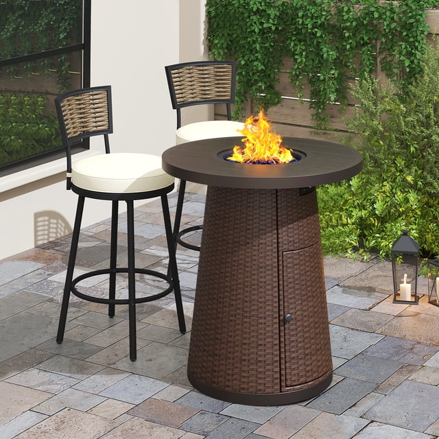 Ensemble de Conversation de Patio en Métal de 3 Pcs avec Table de Foyer au Gaz Ronde Brun de Hauteur Bar, Chaises Pivotantes et Coussins