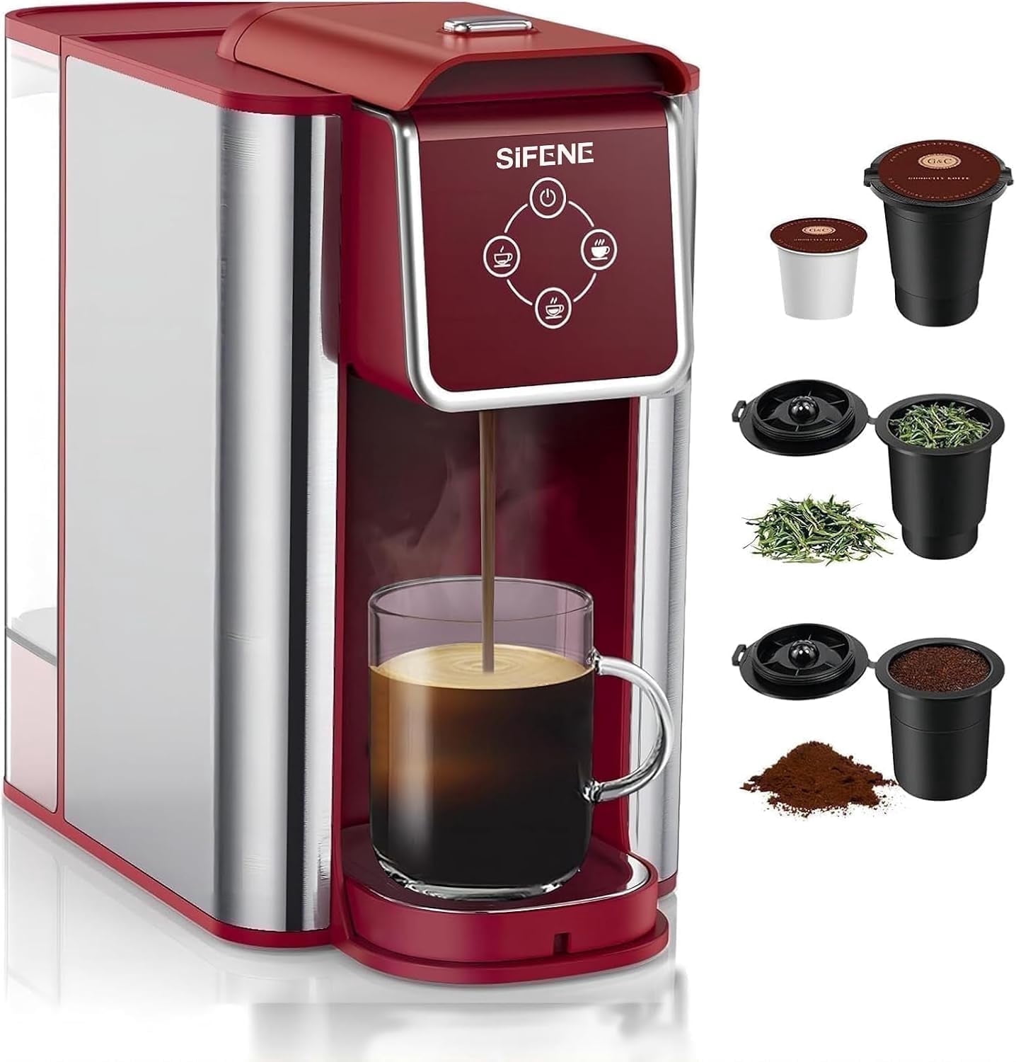 SiFENE 3-in-1 Single Serve Coffee Maker - Removable Water Reservoir - Red