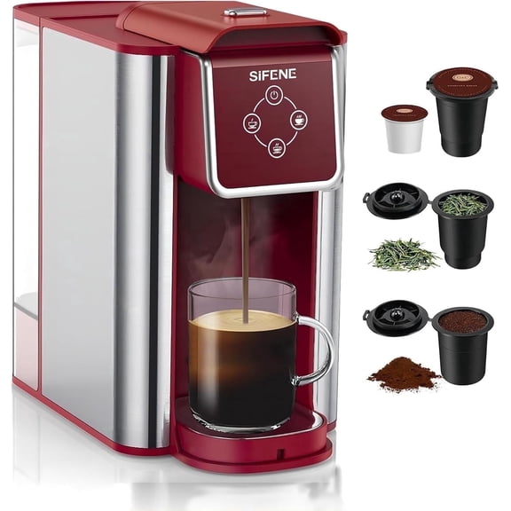 SiFENE 3-in-1 Single Serve Coffee Maker - Removable Water Reservoir - Red