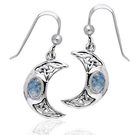 - Celtic Knot and Crescent Moon Spirit with Genuine Rainbow Moonstone Sterling Silver Hook Earrings
