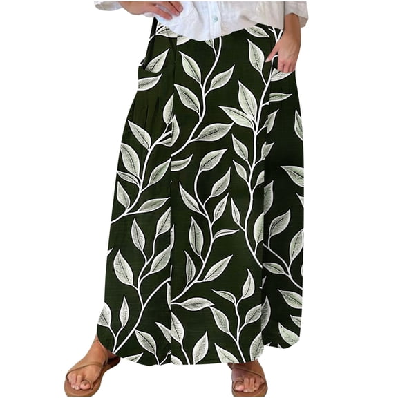 HomeGardon Maxi Skirts for Women Long Skirts Summer Women's Printed Elastic Waistband Pleated Pocket Skirt with Mid Calf Skirt,S-XXXXXL