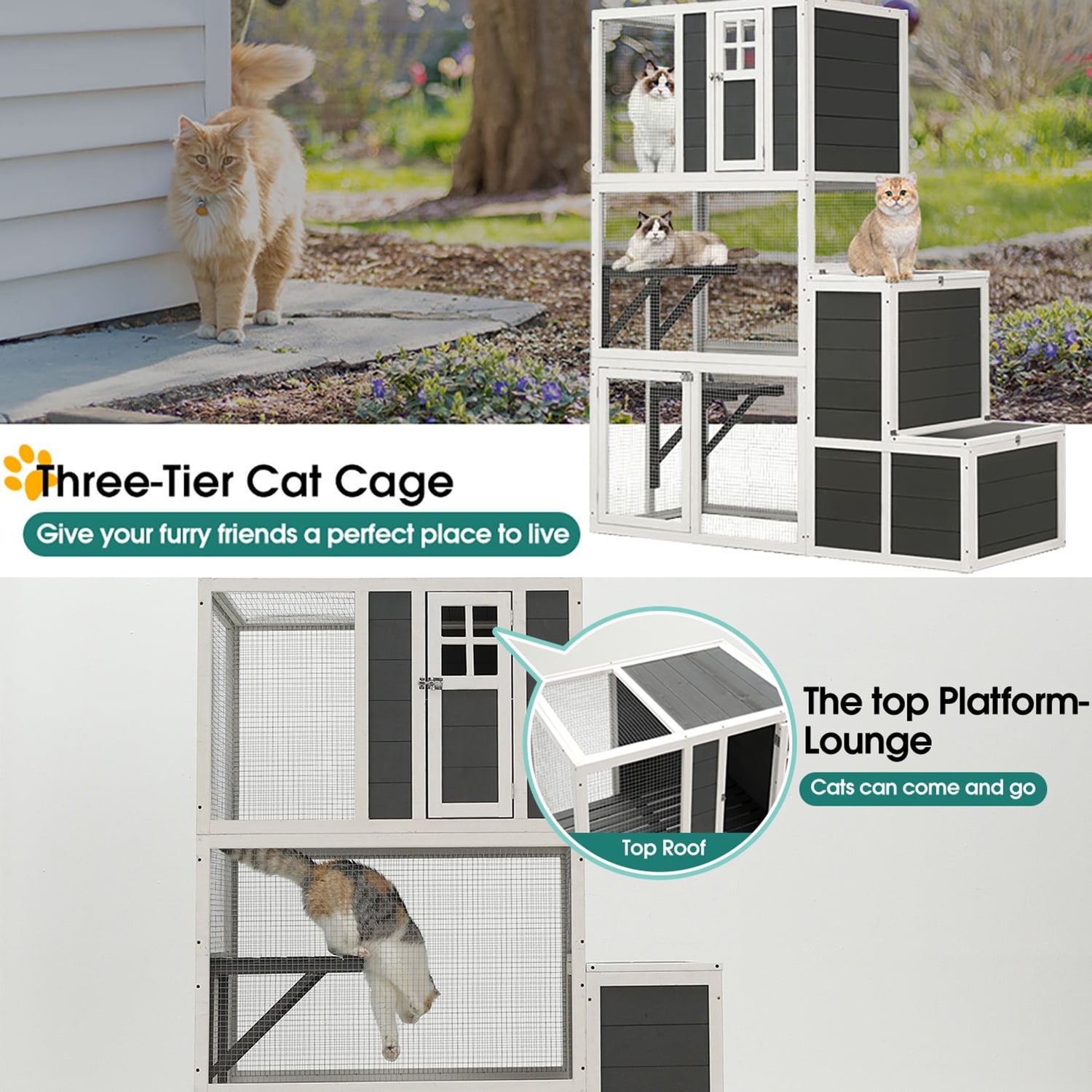 Outdoor Catio Enclosure for Cats Clearance, 3-Tier Wooden Catio Enclosure for 3 Cats, Winter Cat Cage for Indoor with Resting Box, Platforms, Jump Box, 71"H, Gray
