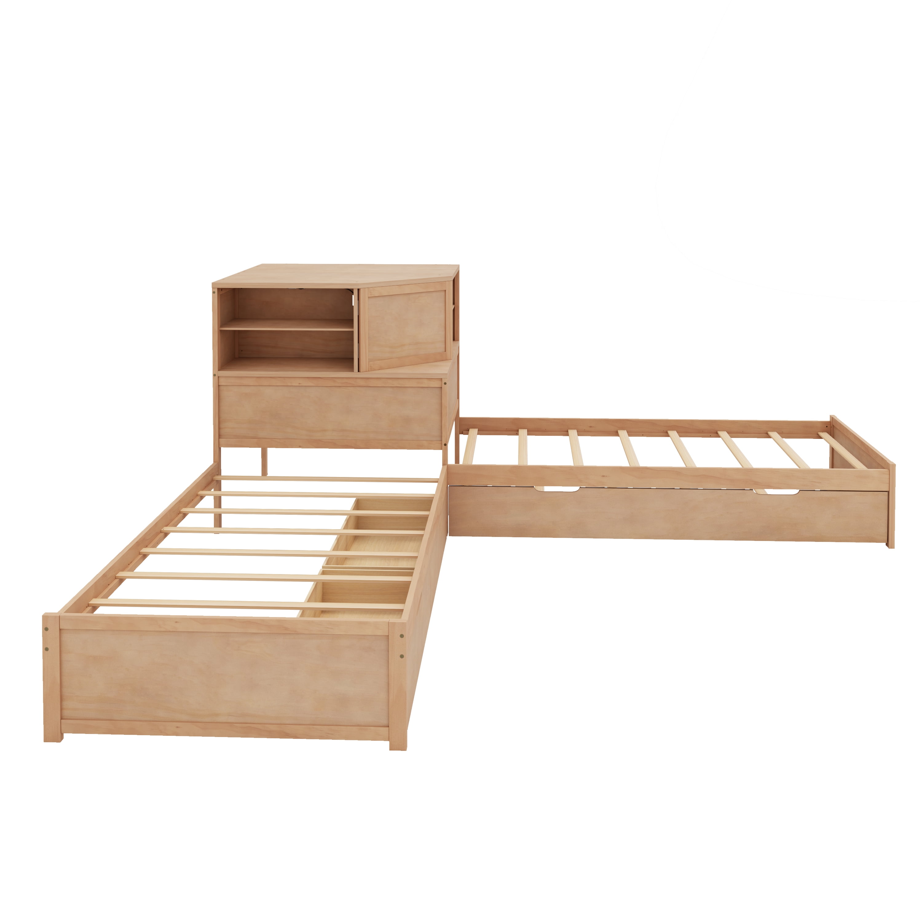 EUROCO Wood L-Shaped Twin Platform Bed with Trundle and Drawers, L Shaped Bed with Desk and LED Light for Kids Teens Bedroom, Natural
