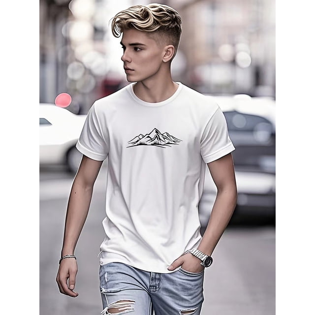 Youth Casual Short Sleeve T-Shirt with Mountain Graphic Print - Stretch Knit Fabric, Breathable Regular Fit for Outdoor Summer Activities & Casual Attire, Cute Shirts for Summer, Comfortable Teen