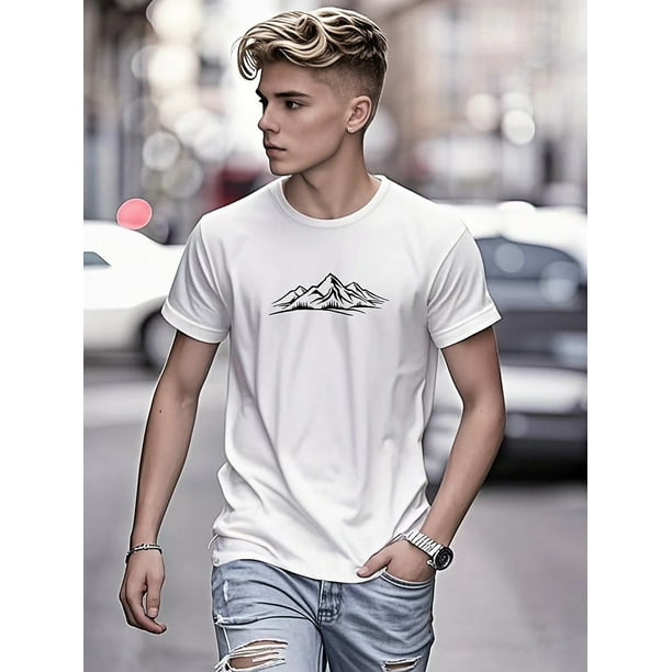 Youth Casual Short Sleeve T-Shirt with Mountain Graphic Print - Stretch Knit Fabric, Breathable Regular Fit for Outdoor Summer Activities & Casual Attire, Cute Shirts for Summer, Comfortable Teen App