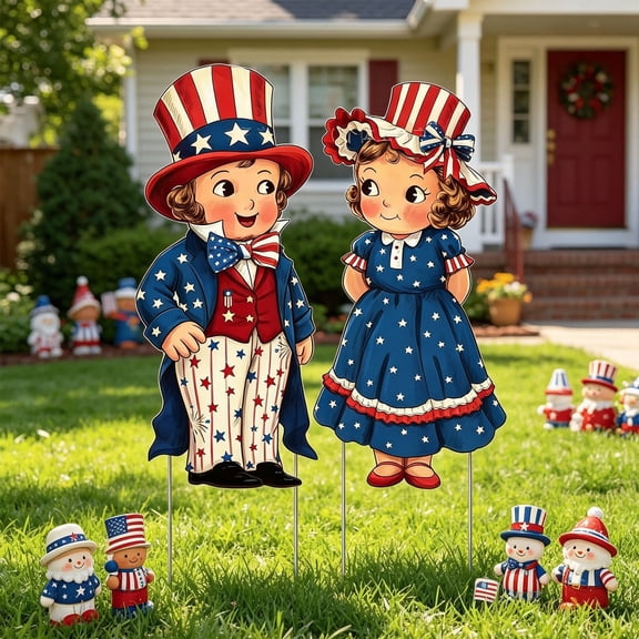 VIKSZOY 2026 Indoor & Outdoor Holiday Decor,2 Pack Patriotic Garden Stakes Vintage Boy Girl Figurines Plastic Yard Signs For 4th Of July Independence Day Outdoor Decor