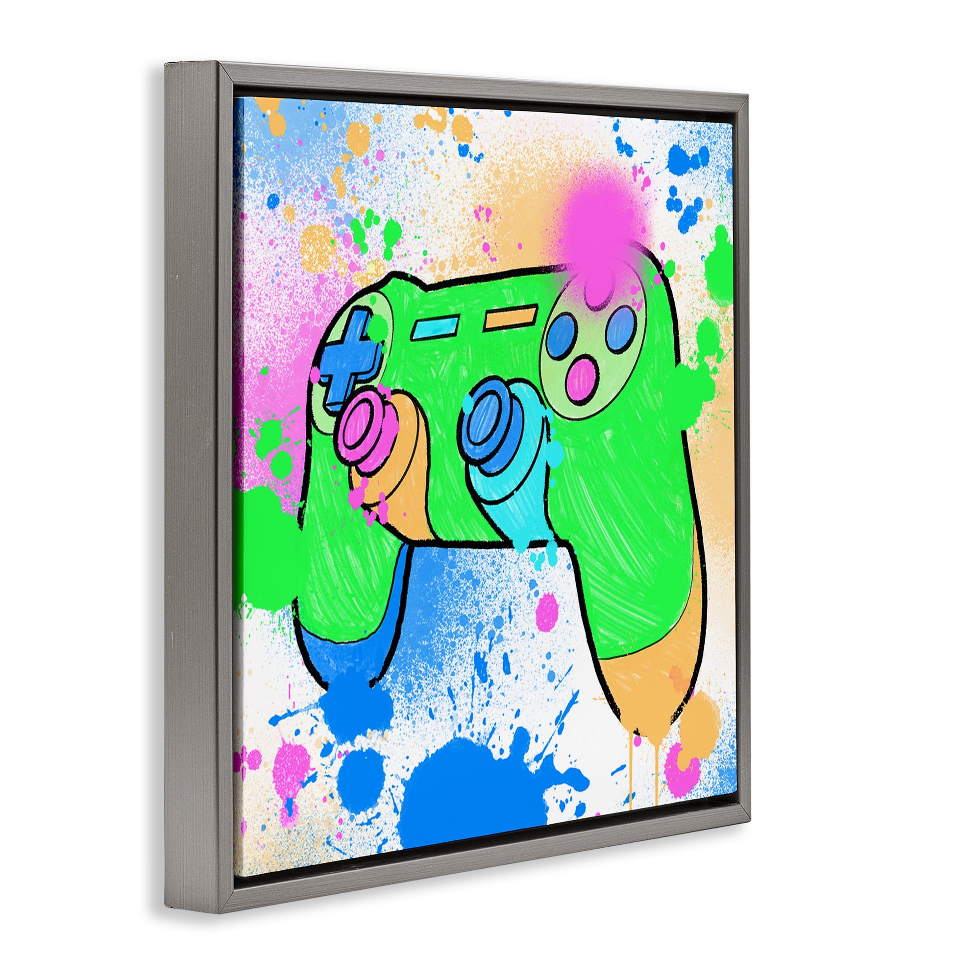 Stupell Industries Splattered Game Controller Entertainment Painting Gray Floater Framed Canvas Art Print Wall Art, 18 x 18