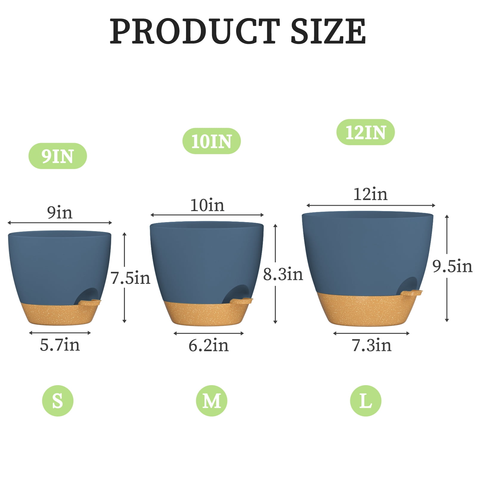 FIASON 3 Pack 9/10/12 Inch Blue & Brown Self-Watering Plastic Plant Pots, Indoor Outdoor Garden Planters with Drainage Holes, Watering Lip & Removable Saucer for Flowers & House Plants