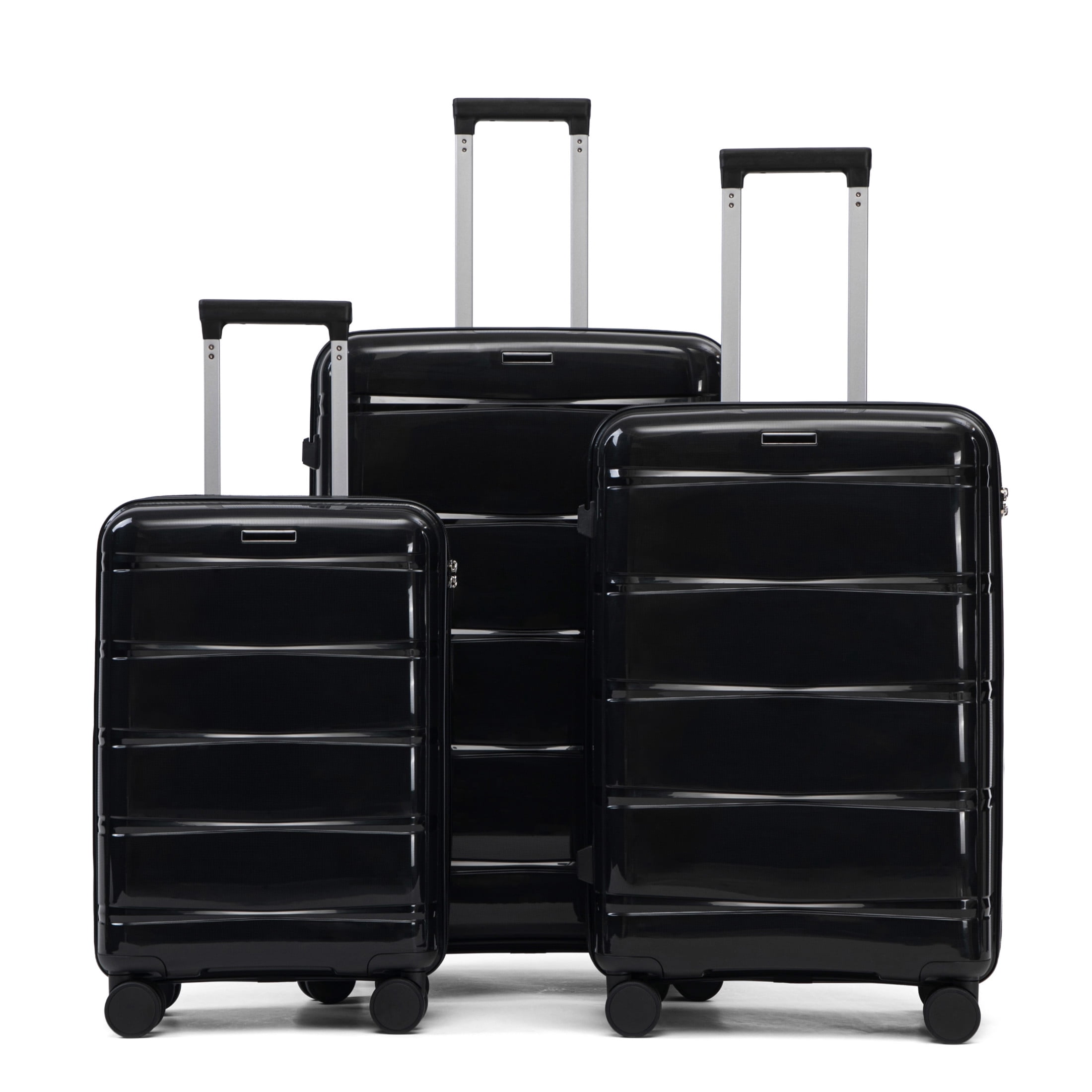 GDF Studio 3-Piece 20"/24"/28" PP Hardshell Travel Luggage Set with Spinner Wheels & Combination Lock, Black