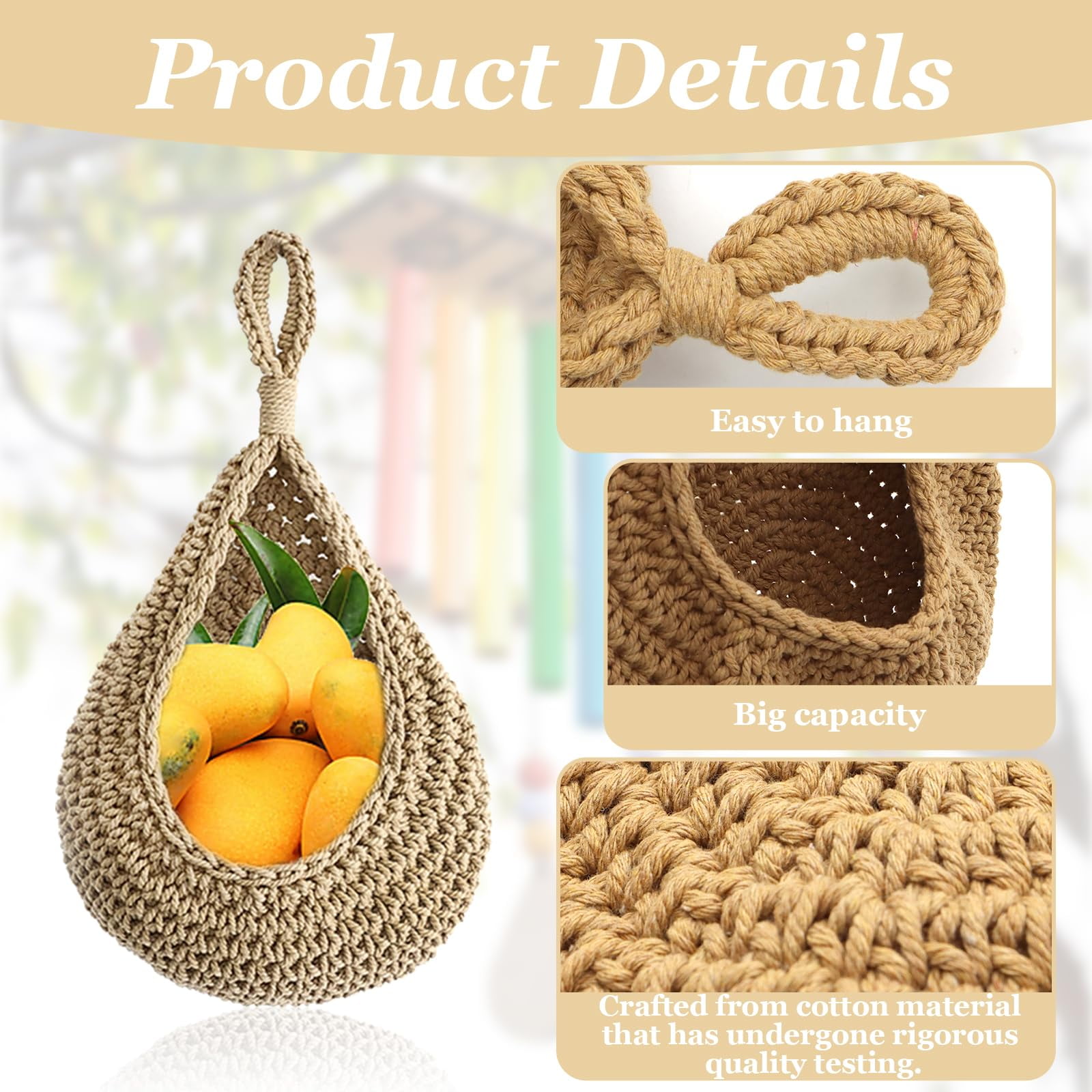 ZYNERY 4 Pack Hanging Fruit Baskets for Kitchen with 6Pcs Hooks, Boho Wall Hanging Baskets, Teardrop Hanging Baskets, Produce Basket for Potato Onion Storage, Home Wall Mount Organizing, Cotton Rope