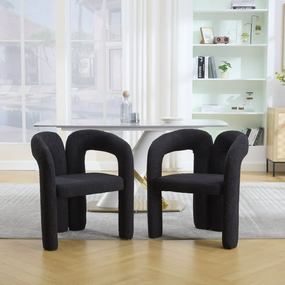Set of 2 Modern Teddy Fabric Barrel Dining Chairs, Upholstered Accent Chairs with Arms, Comfy Side Armchairs for Kitchen Dining Room Living Room, Black