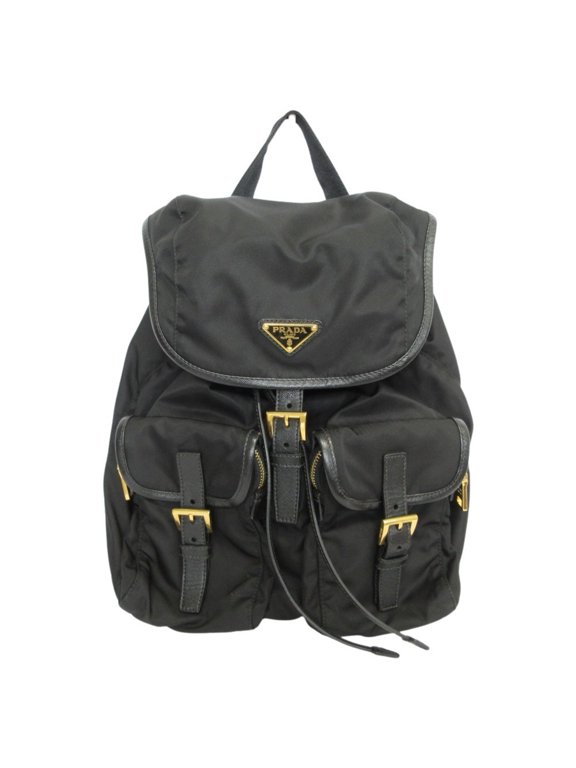 Pre-Owned PRADA Triangle Plate Tessuto Nylon Backpack, Black, Women's