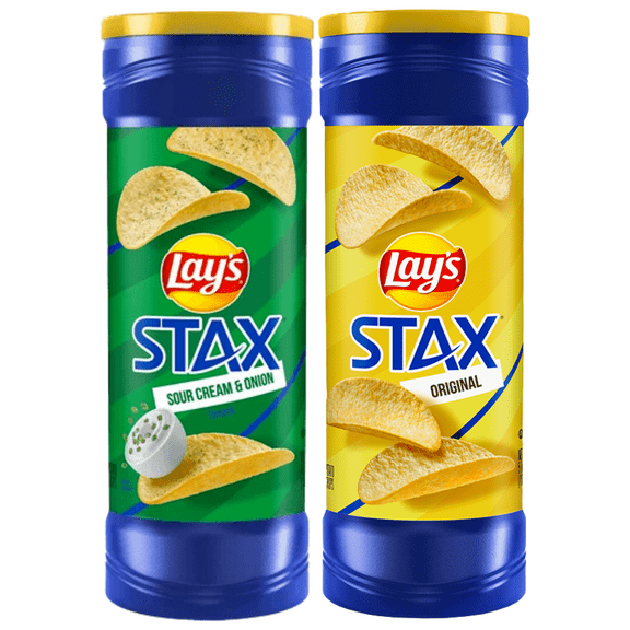 Lay's Stax Original and Sour Cream and Union Flavored Potato Crisps Crunchy Delicious Chips Snacks for Kids Adult Lunchbox Halloween Trick or Treats Birthday Party Gifts - Pack of 2